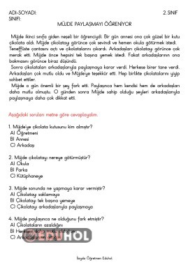 Müjde Paylaşmayı Öğreniyor Okuma Anlama Metni