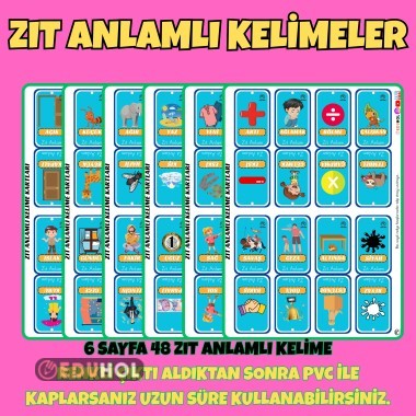 ZIT ANLAMLI KELİMELER KARTLARI MATERYALİ