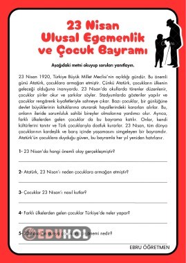 23 Nisan Ulusal Egemenli ve Çocuk Bayramı Okuma Anlama Çalışması