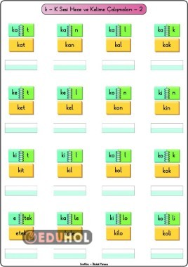 K Sesi Hece ve Kelimeleri Okuma-Yazma Çalışmaları-2