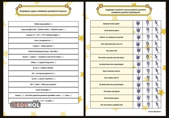 2.Sınıf Noktalama İşaretleri Çalışma Kağıdı