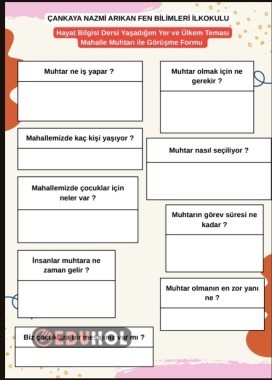 Hayat Bilgisi Dersi Yaşadığım Yer ve Ülkem Teması Muhtar Görüşme Formu