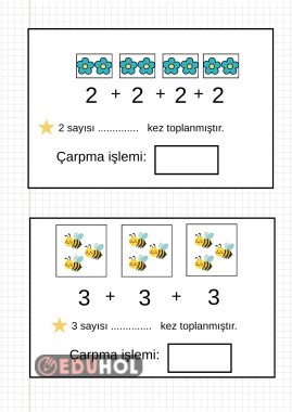 Çarpma işleminin tekrarlı toplama olduğunu pekiştirme deftere yapıştırılabilir