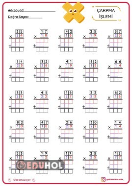 Çarpma İşlemi Çalışma Kağıdı (2X2)