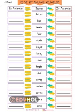 Eş ve Zıt Anlamlı Kelimeler Çalışma Kağıdı