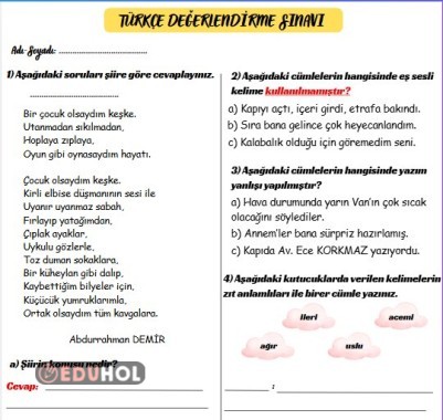 Kasım Ayı Türkçe Değerlendirme
