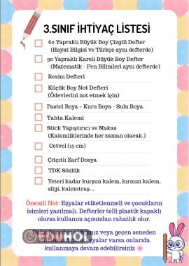 3.Sınıf İhtiyaç Listesi