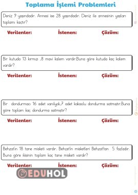 Toplama İşlemi Problemleri 1