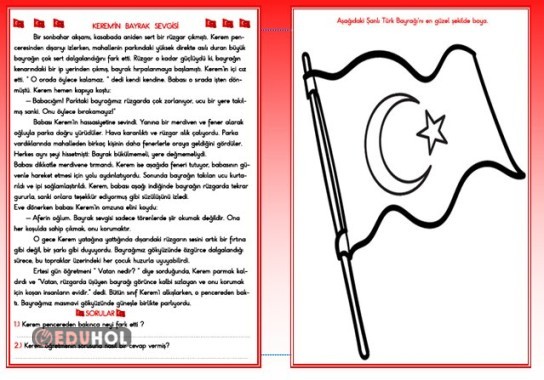 BAYRAK SEVGİSİ OKUMA ANLAMA METNİ ve BOYAMA