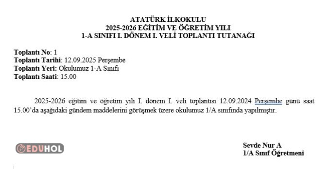 1. Dönem Veli Toplantı Tutanağı