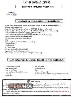 1. Sınıf İhtiyaç Listesi