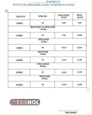 Derse Giriş Çıkış Saatleri Tablosu