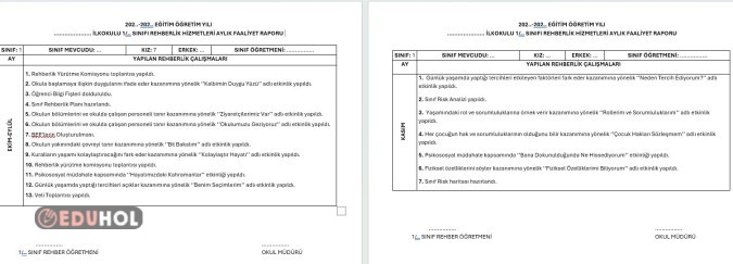 Sınıf Rehberlik Hizmetleri Aylık Faaliyet Raporları