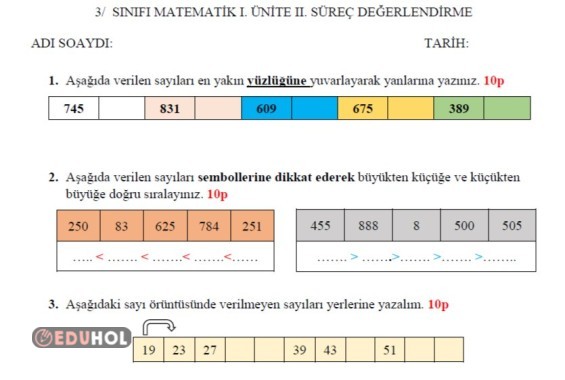 3. SINIF MATEMATİK 1. ÜNİTE 2. SÜREÇ DEĞERLENDİRME