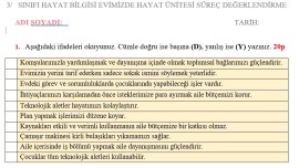 3. SINIF HAYAT BİLGİSİ 2. ÜNİTE SÜREÇ DEĞERLENDİRME