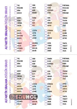 alfabetik sıralama yarım sayfa 16 örnek