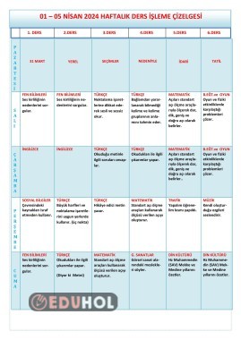 01 - 05 Nisan 2024 Haftalık Ders İşleme Çizelgesi