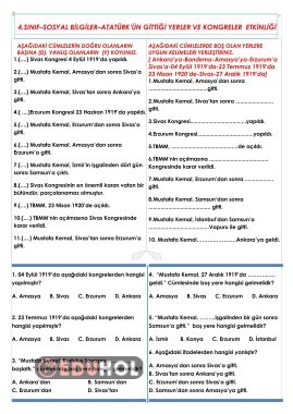 4.Sınıf - Sosyal Bilgiler - Kurtuluş Destanı (Atatürk'ün Gittiği Yerler ve Kongreler) Etkinliği