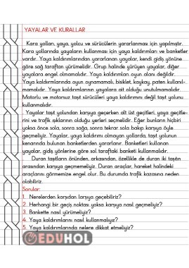 4.Sınıf Trafik Güvenliği Yayalar ve Kurallar Defter Özeti