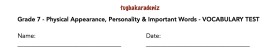 Grade 7 Appearance and Personality Vocabulary Test