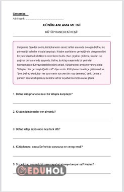 GÜNLÜK OKUMA ANLAMA ÇALIŞMA KAĞIDI _Çarşamba