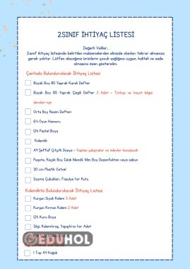 2.Sınıf İhtiyaç Listesi