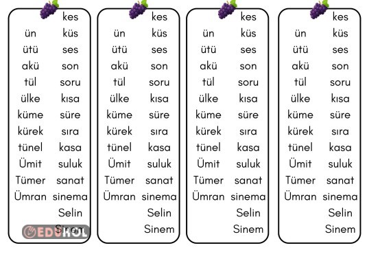 Ü ve S Harfi Kelime Okuma Çizelgesi
