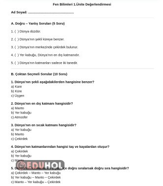 3.Sınıf Fen Bilimleri Değerlendirmesi