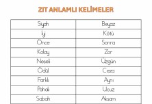2. Sınıf Zıt Anlamlı Kelimeler Tablosu