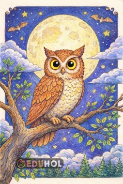 Dolunaylı Gecede Baykuş Boyama Sayfası