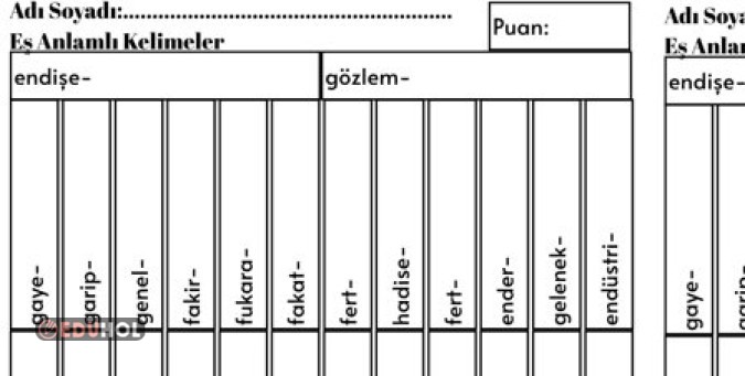 E,F,G Harfleri ile Başlayan Eş Anlamlı Kelimeler Değerlendirmesi