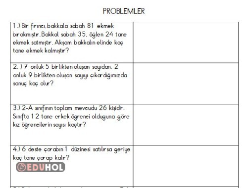 2. SINIF MATEMATİK DEFTERİNE YAPIŞTIRMAK İÇİN PROBLEMLER