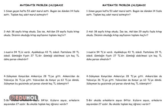2. SINIF PROBLEM (1 SAYFA 2 ÖĞRENCİ İÇİN)