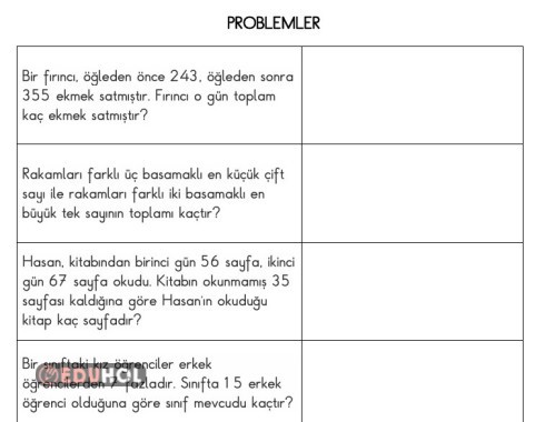 3. SINIF DEFTERE YAPIŞTIRMAK İÇİN PROBLEMLER