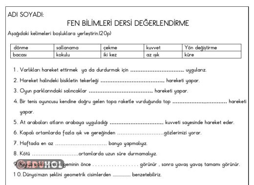3. SINIF FEN BİLİMLERİ DERSİ DEĞERLENDİRME