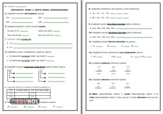 3. SINIF MATEMATİK DERSİ 1. ÜNİTE SÜREÇ DEĞERLENDİRME