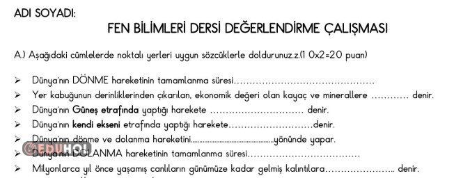 4. SINIF FEN BİLİMLERİ DERSİ DEĞERLENDİRME