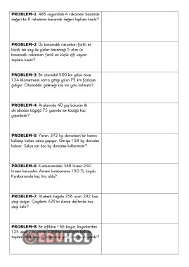 DEFTERE YAPIŞTIRMAK İÇİN TOPLAMA VE ÇIKARMA PROBLEMLERİ