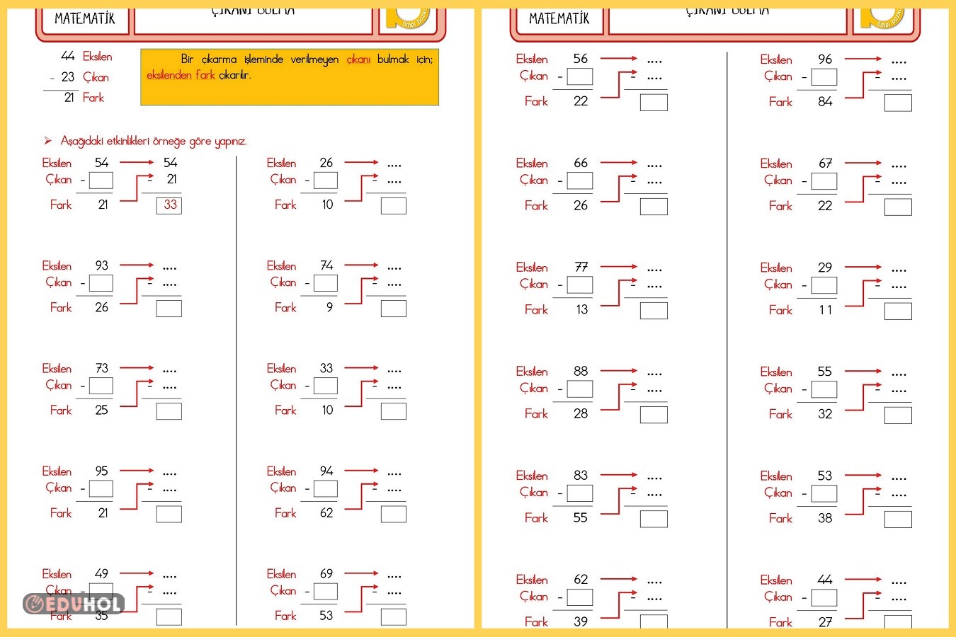 2. Sınıf Matematik Dersi Çıkarma İşleminde Verilemeyen Eksileni Bulma