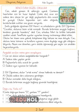 İkinci Evim Güzel Okulum Okuma Anlama Metni
