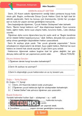 ''Derin'in Adalet Defteri'' Okuma Anlama