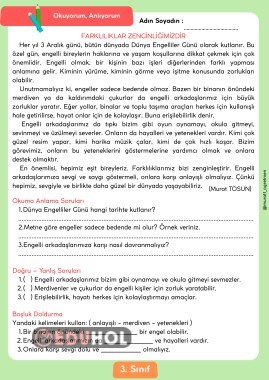 ''Farklılıklar Zenginliğimizdir'' Okuma Anlama Metni