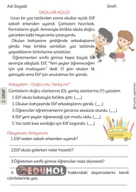 ''OKULLAR AÇILDI'' OKUMA ANLAMA METNİ