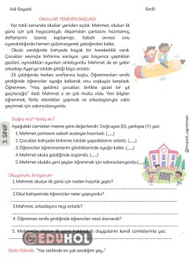 ''OKULLAR YENİDEN BAŞLADI'' OKUMA ANLAMA METNİ