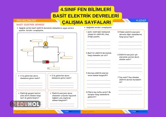 4.SINIF FEN BİLİMLERİ BASİT ELEKTRİK DEVRESİ ÇALIŞMA KAĞIDI / DEĞERLENDİRME / ÖDEV