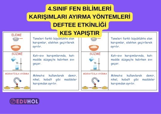 4.SINIF FEN BİLİMLERİ KARIŞIMLARI AYIRMA YÖNTEMLERİ KES YAPIŞTIR DEFTER NOTU