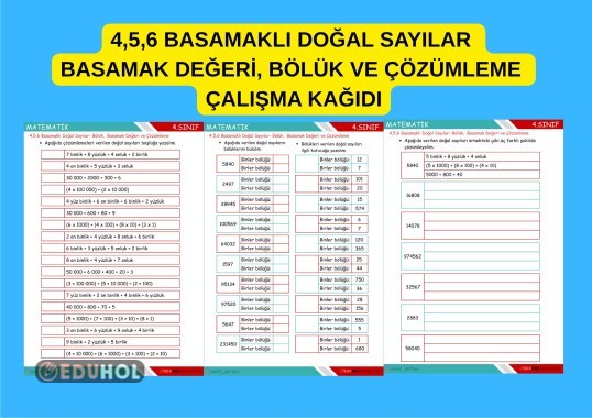 4.SINIF MATEMATİK DOĞAL SAYILAR BASAMAK DEĞERİ BÖLÜK VE ÇÖZÜMLEME ÇALIŞMA KAĞIDI