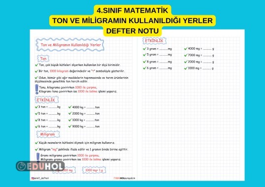 4.SINIF MATEMATİK TARTMA TON VE MİLİGRAM DEFTER NOTU