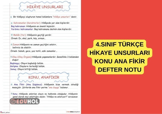 4.SINIF TÜRKÇE HİKAYE UNSURLARI KONU ANA FİKİR DEFTER NOTU