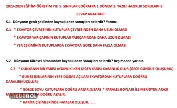 9. SINIF COĞRAFYA 1.DÖNEM 1.YAZILI SORULARI 2 - CEVAP ANAHTARI